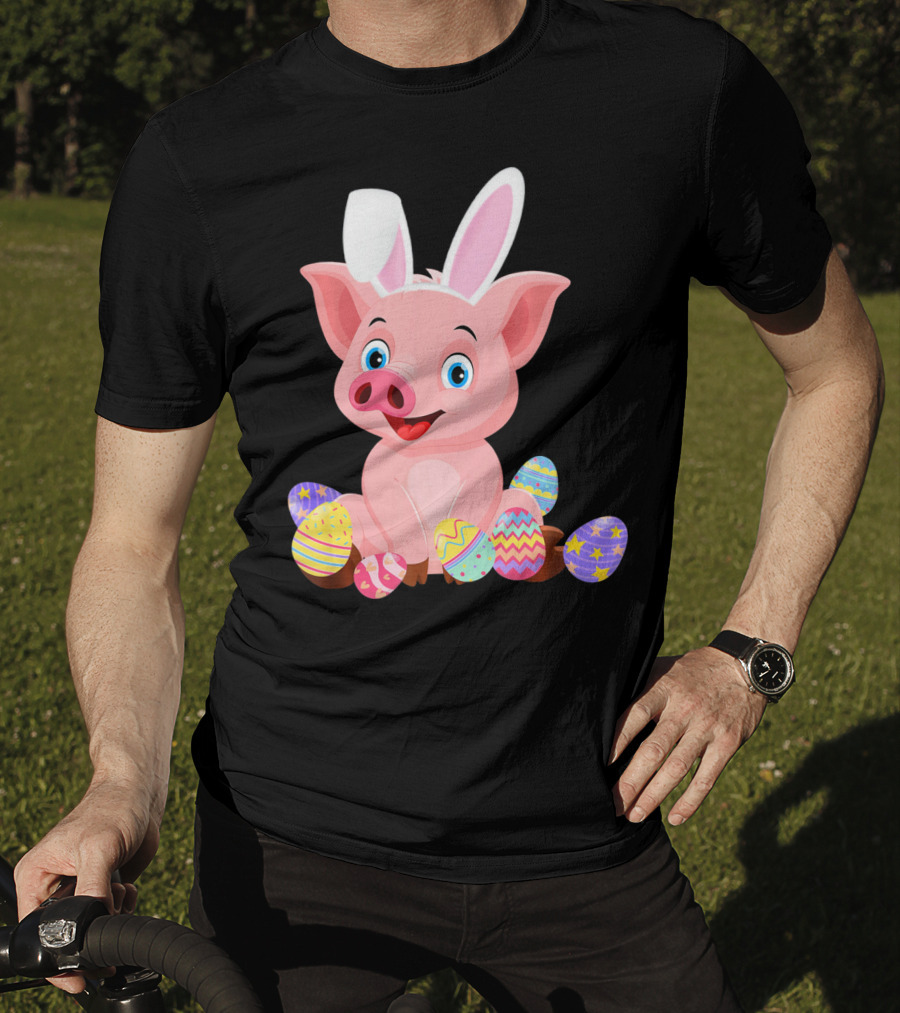 Pig Wearing Bunny Ears Surrounded By Colorful Easter Eggs T-Shirt