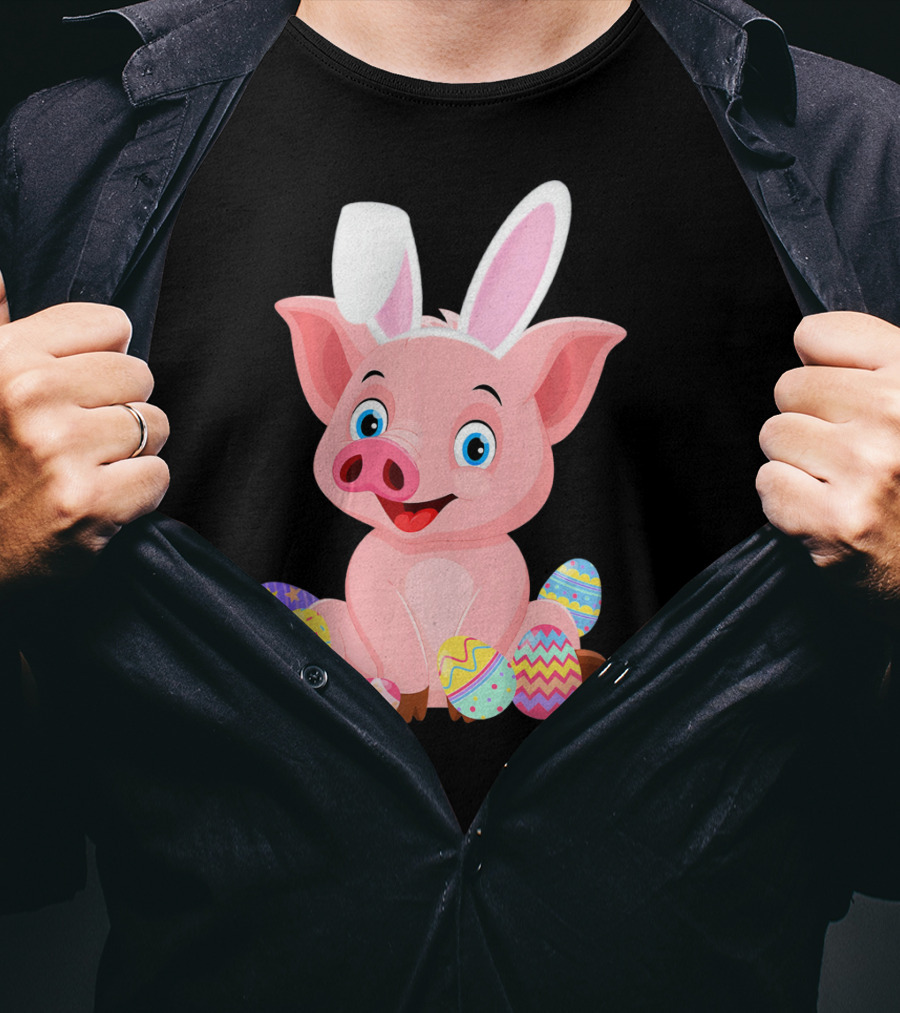 Pig Wearing Bunny Ears Surrounded By Colorful Easter Eggs T-Shirt