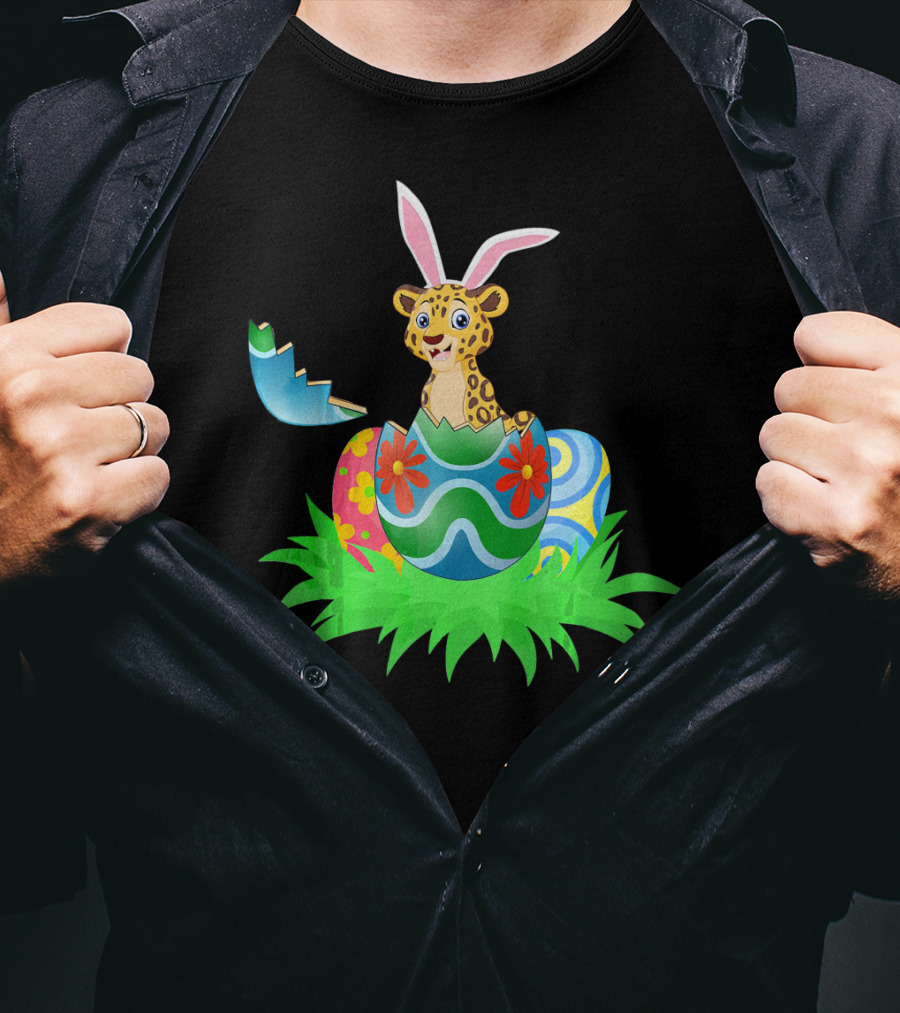 Easter Leopard With Bunny Ears In Colorful Easter Egg T-Shirt