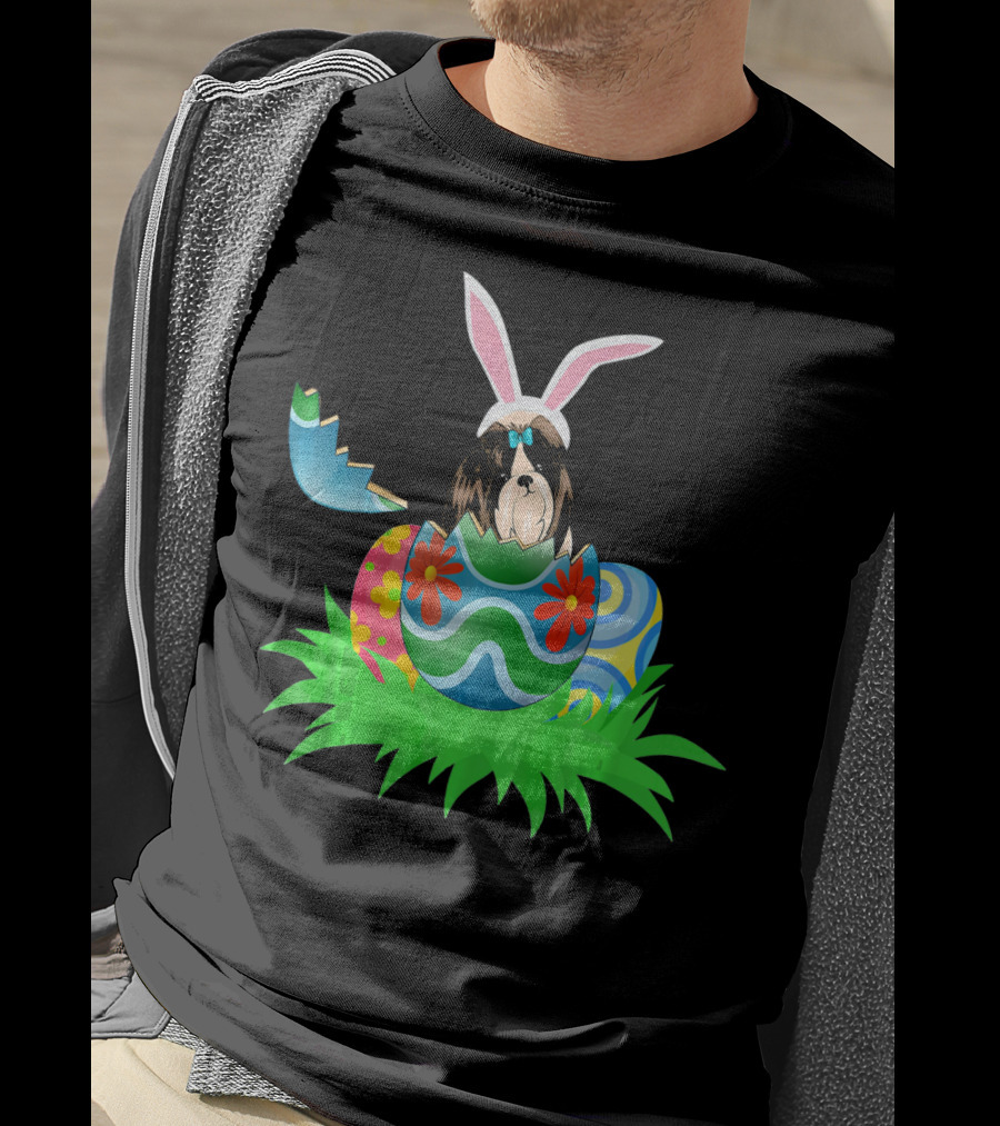 Easter Shih Tzu In Bunny Ears With Colorful Easter Eggs In Grass T-Shirt