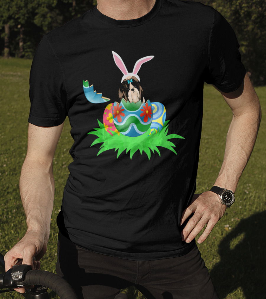 Easter Shih Tzu In Bunny Ears With Colorful Easter Eggs In Grass T-Shirt