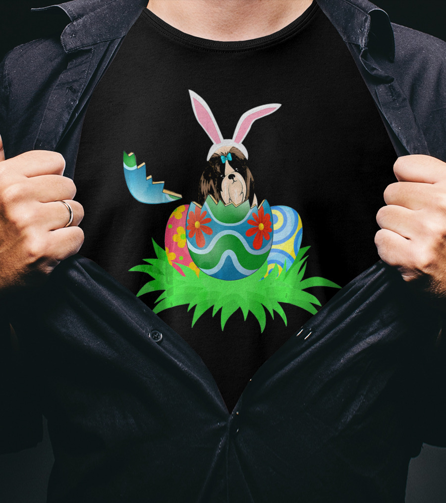 Easter Shih Tzu In Bunny Ears With Colorful Easter Eggs In Grass T-Shirt