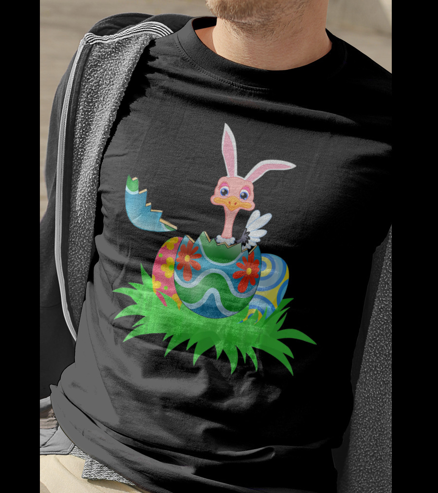 Easter Ostrich Hatching From Colorful Easter Egg With Bunny Ears And Flowers T-Shirt