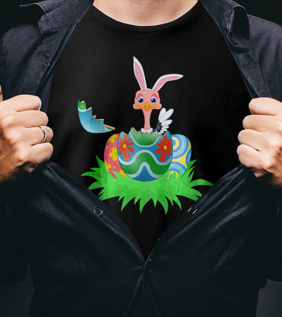 Easter Ostrich Hatching From Colorful Easter Egg With Bunny Ears And Flowers T-Shirt