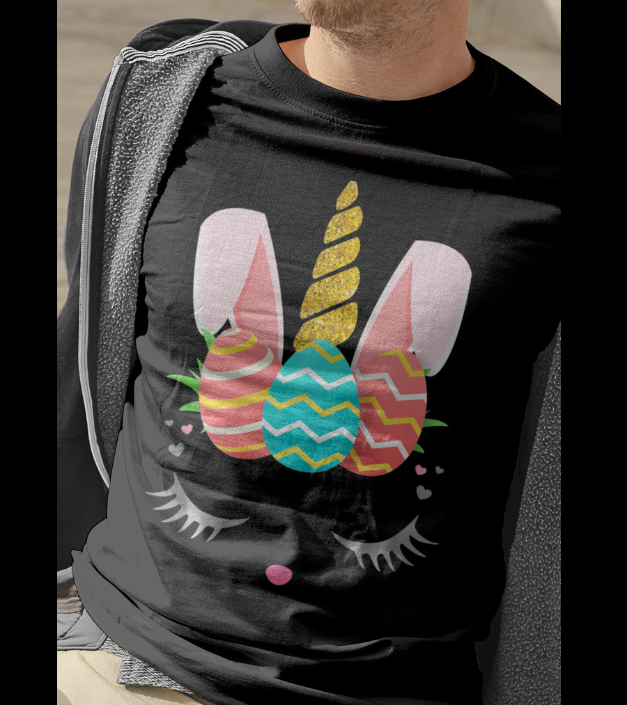 Bunnycorn Easter Bunny Rabbit Face Unicorn Ears Eggs Hearts T-Shirt