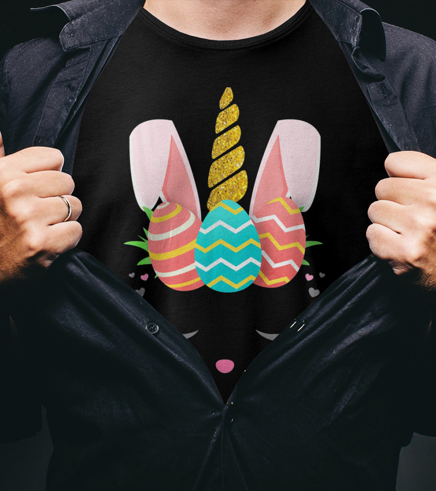 Bunnycorn Easter Bunny Rabbit Face Unicorn Ears Eggs Hearts T-Shirt