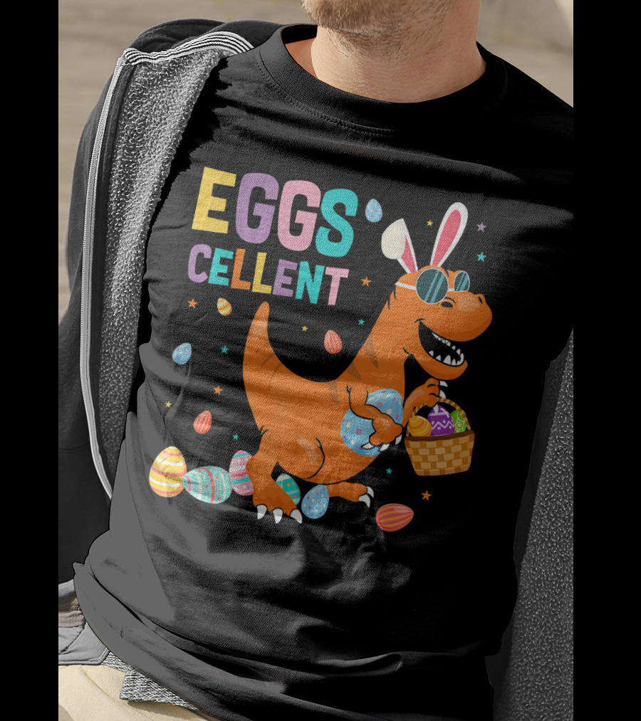 Eggscellent Easter Dinosaur With Bunny Ears And Eggs Basket T-Shirt