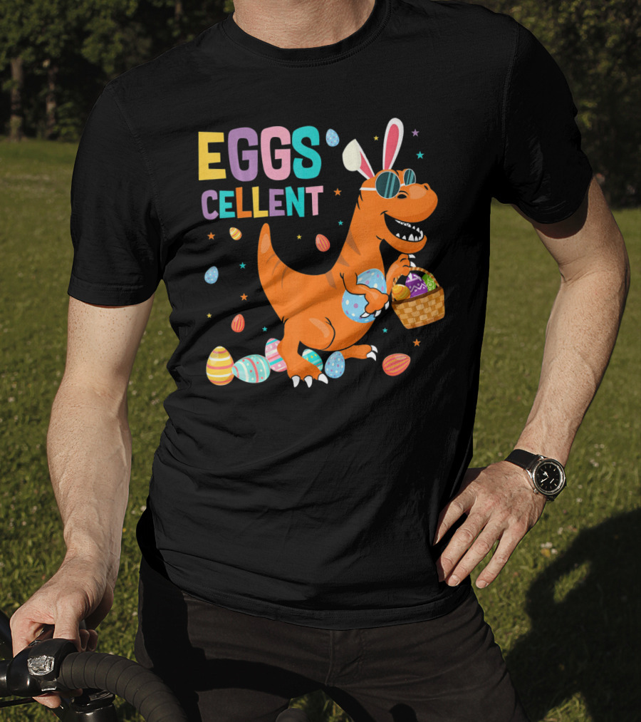 Eggscellent Easter Dinosaur With Bunny Ears And Eggs Basket T-Shirt