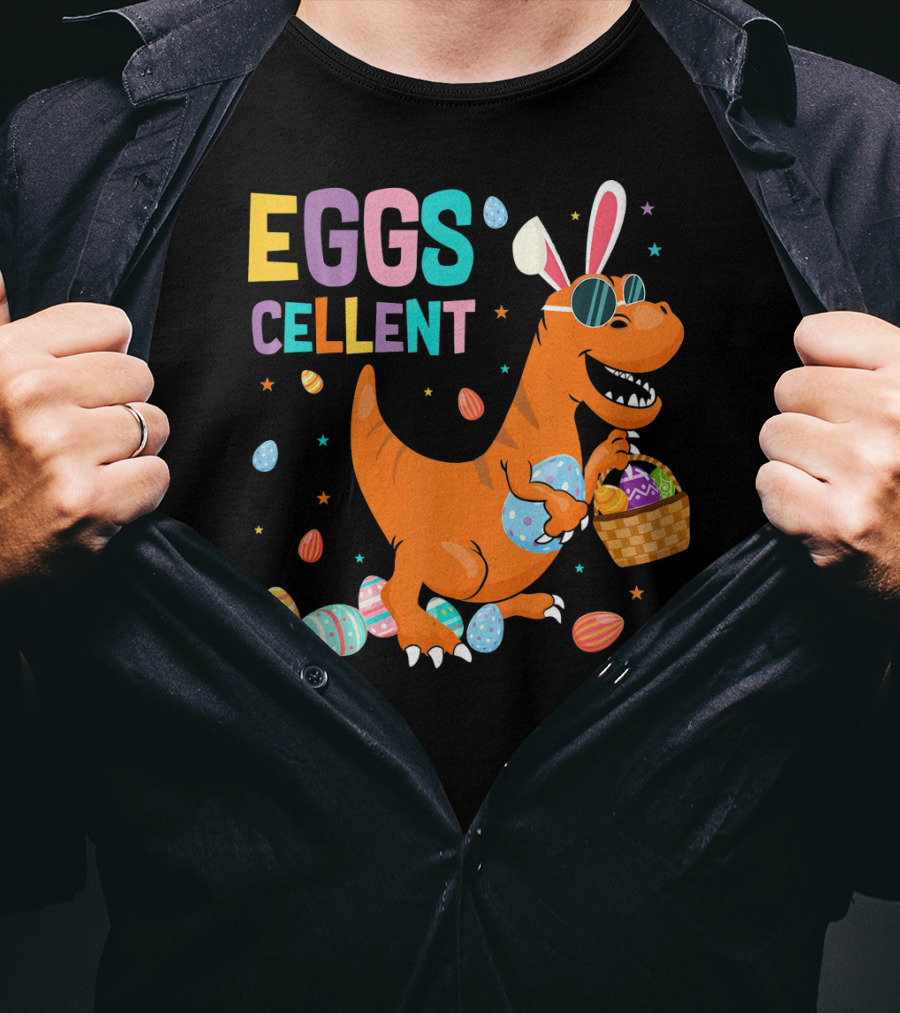 Eggscellent Easter Dinosaur With Bunny Ears And Eggs Basket T-Shirt