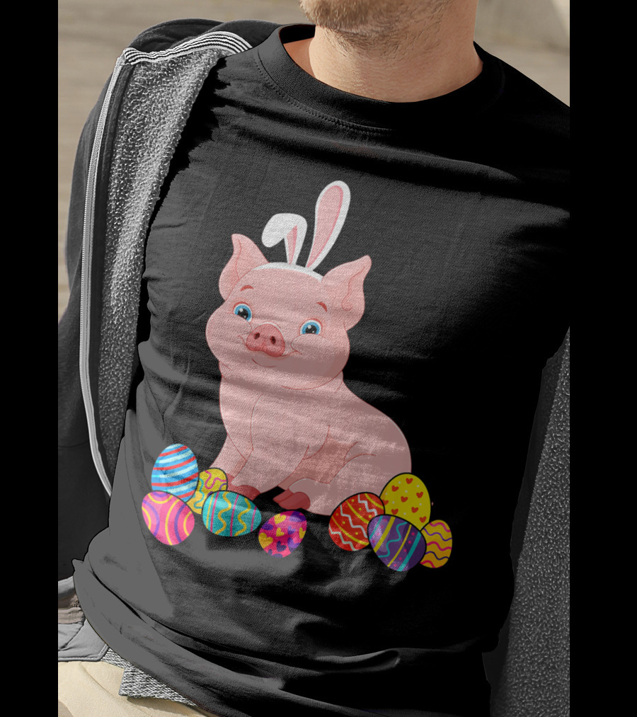 Pig With Bunny Ears Surrounded By Colorful Easter Eggs Easter Day T-Shirt
