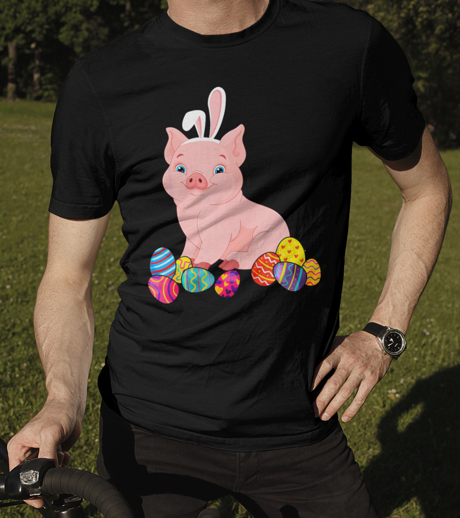 Pig With Bunny Ears Surrounded By Colorful Easter Eggs Easter Day T-Shirt