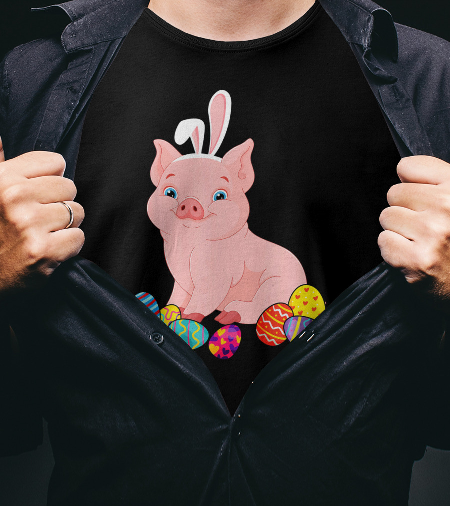 Pig With Bunny Ears Surrounded By Colorful Easter Eggs Easter Day T-Shirt
