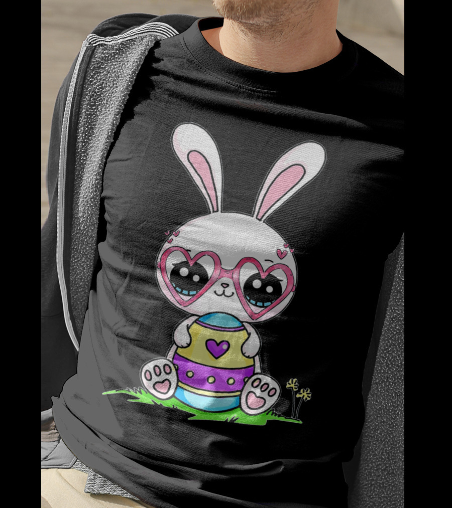 Adorable Easter Bunny With Heart-Shaped Glasses And Colorful Egg T-Shirt
