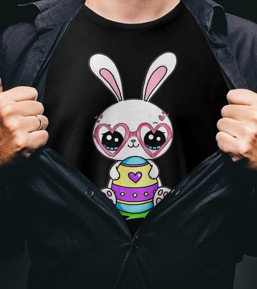 Adorable Easter Bunny With Heart-Shaped Glasses And Colorful Egg T-Shirt