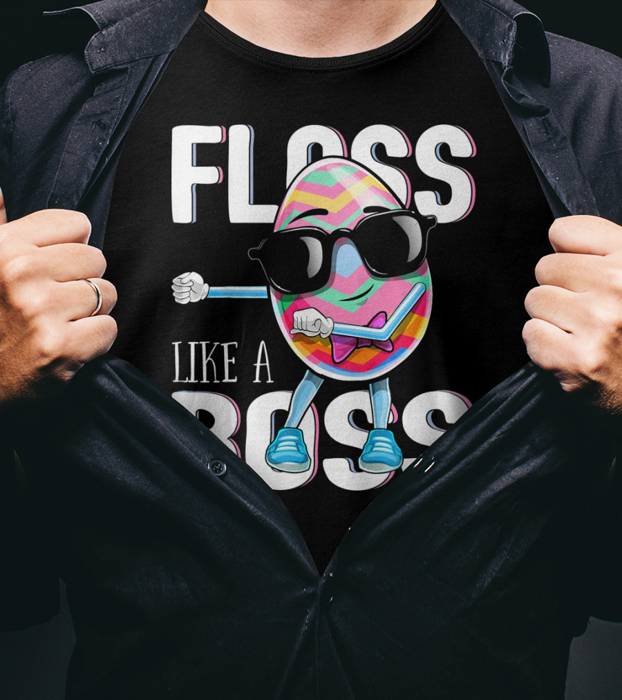 FLOSS LIKE A BOSS Flossing Easter Egg With Sunglasses And Colorful Stripes T-Shirt