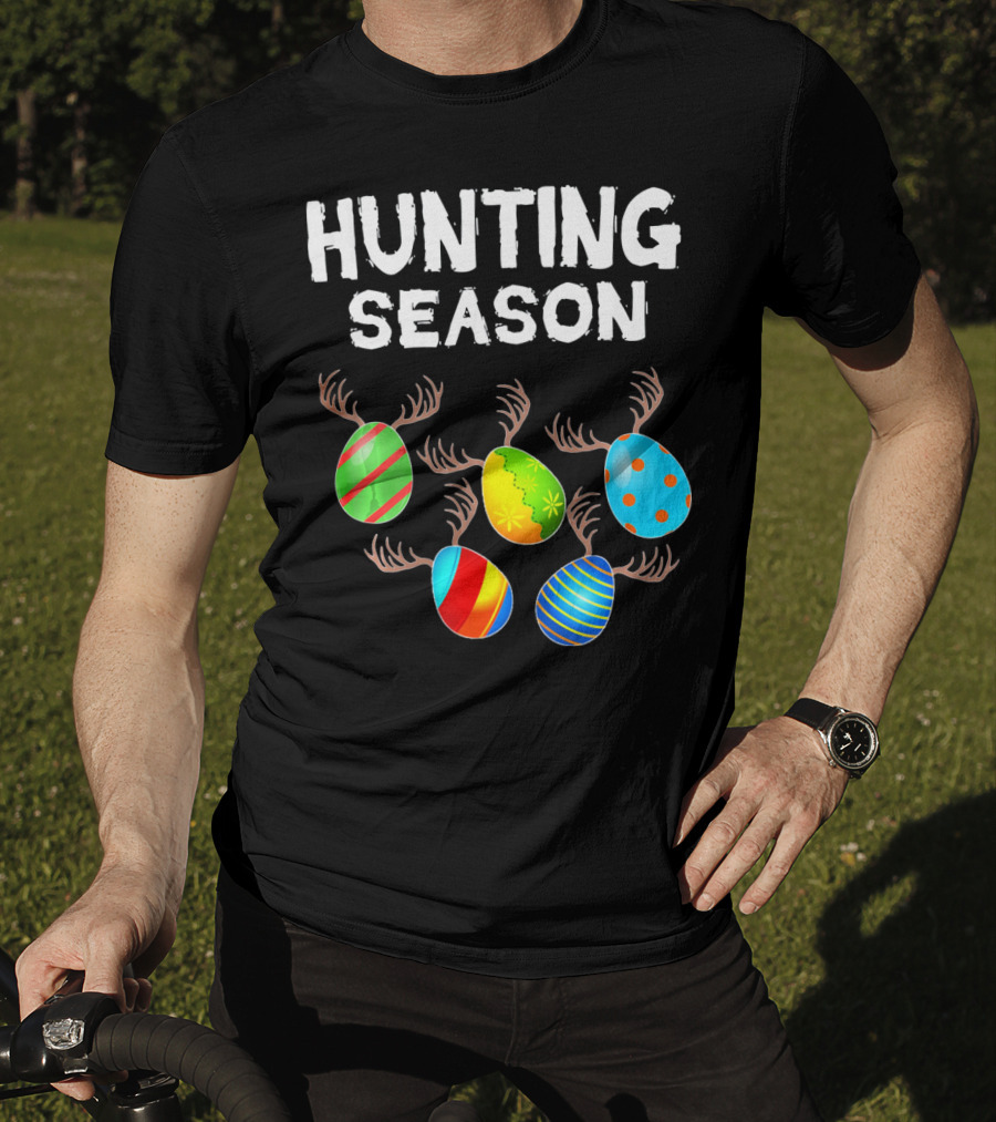 Hunting Season Funny Easter Bunny With Colorful Eggs And Antlers T-Shirt
