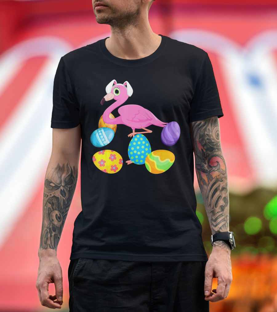 Flamingo Bunny Rabbit Hat with Colorful Easter Eggs Playing Easter T-Shirt