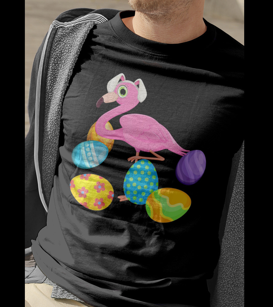 Flamingo Bunny Rabbit Hat With Colorful Easter Eggs Playing Easter T-Shirt