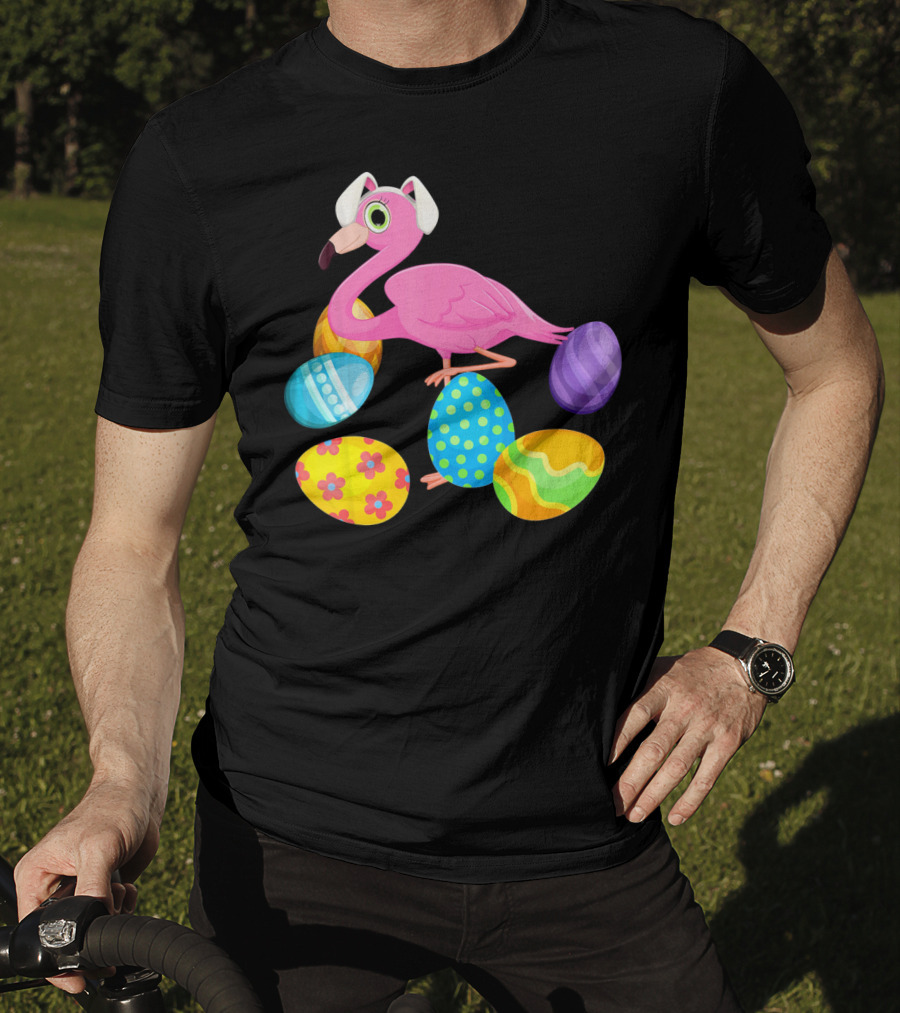 Flamingo Bunny Rabbit Hat With Colorful Easter Eggs Playing Easter T-Shirt