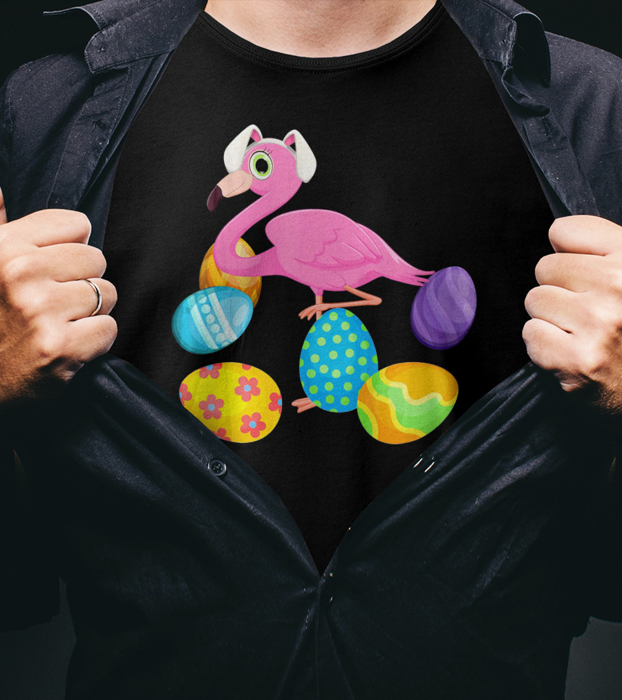 Flamingo Bunny Rabbit Hat With Colorful Easter Eggs Playing Easter T-Shirt