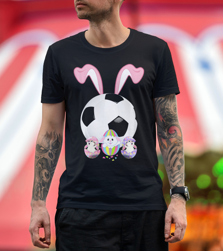 Soccer Easter Bunny Egg with Pink Ears and Colorful Easter Eggs T-Shirt