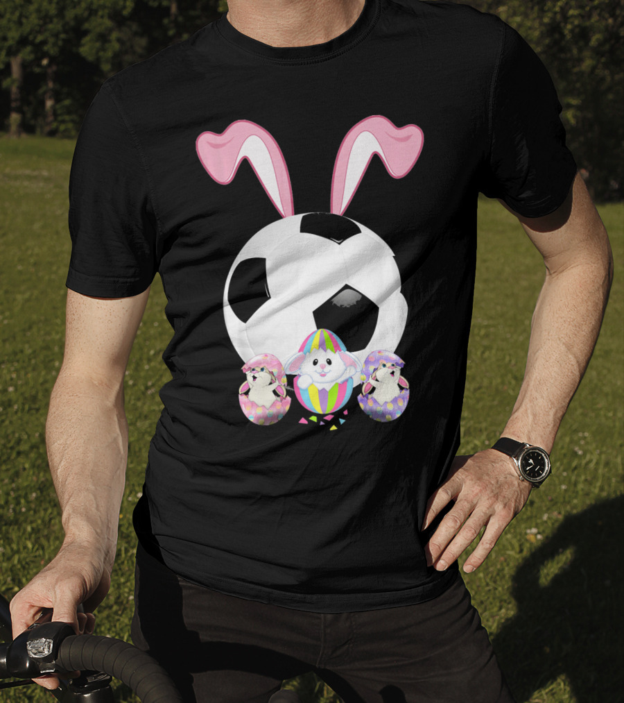 Soccer Easter Bunny Egg With Pink Ears And Colorful Easter Eggs T-Shirt