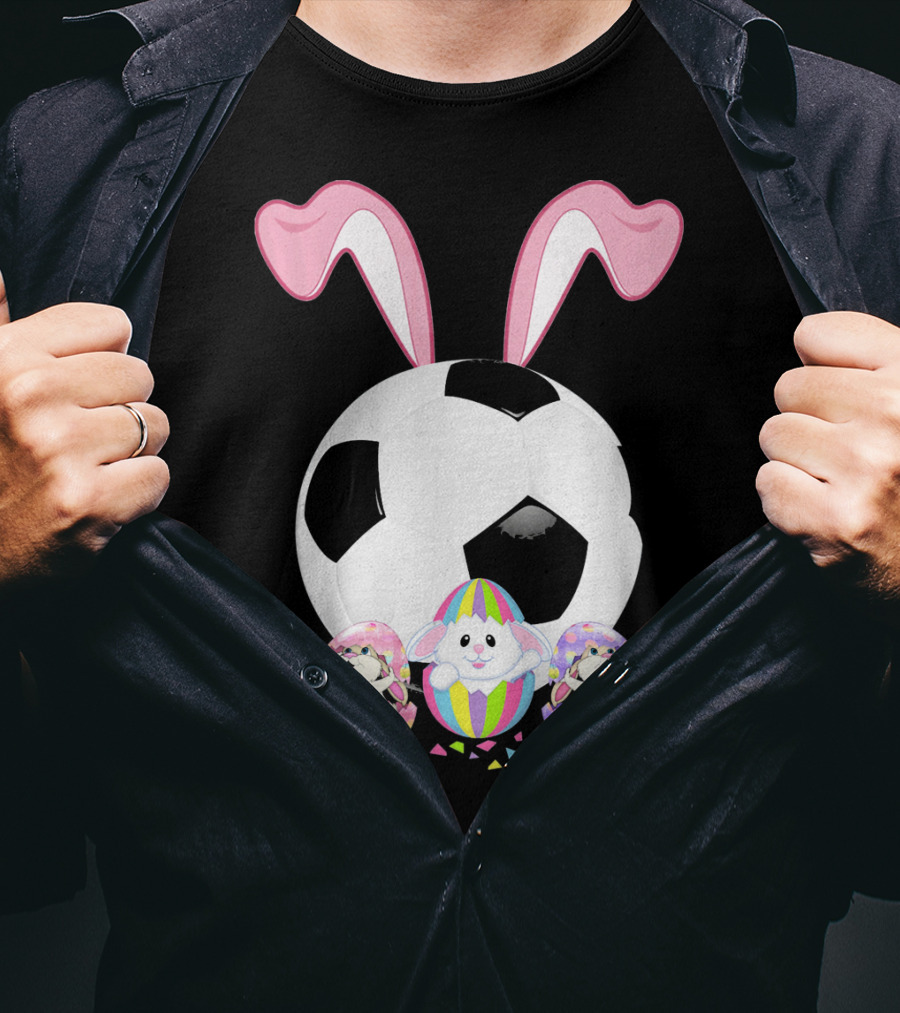 Soccer Easter Bunny Egg With Pink Ears And Colorful Easter Eggs T-Shirt