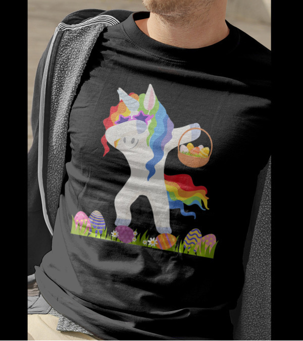 Funny Unicorn Dabbing With Easter Basket And Eggs Happy Easter Day T-Shirt