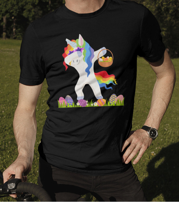 Funny Unicorn Dabbing With Easter Basket And Eggs Happy Easter Day T-Shirt