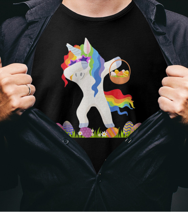 Funny Unicorn Dabbing With Easter Basket And Eggs Happy Easter Day T-Shirt