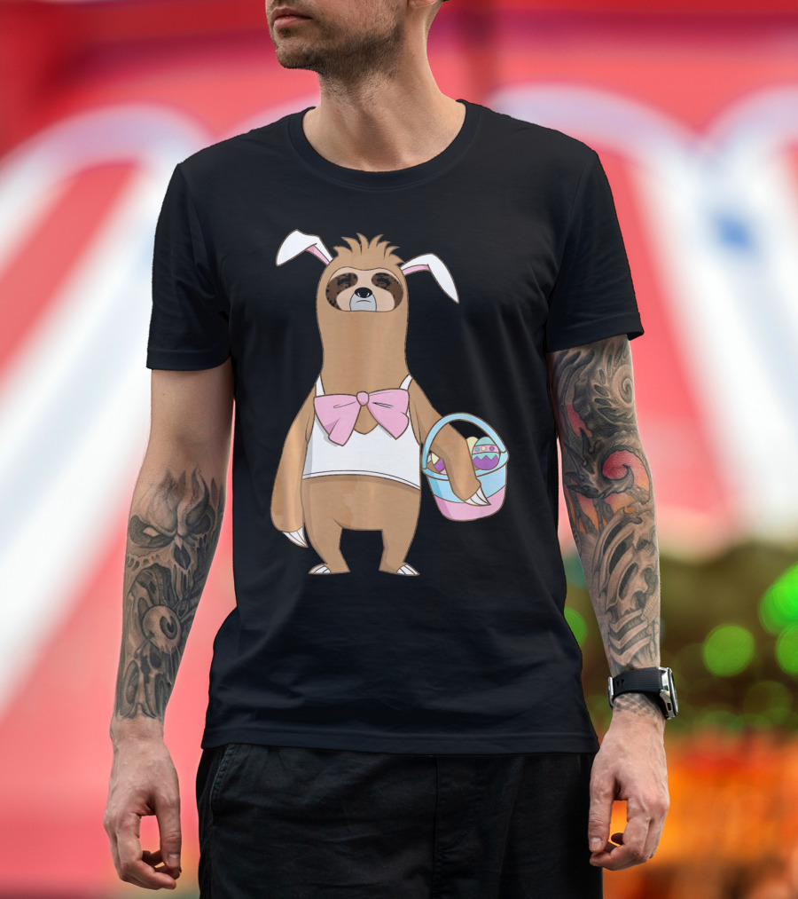 Sloth Easter Bunny Lazy Rabbit with Basket of Eggs T-Shirt