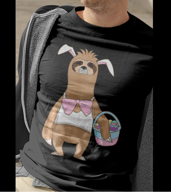 Sloth Easter Bunny Lazy Rabbit With Basket Of Eggs T-Shirt