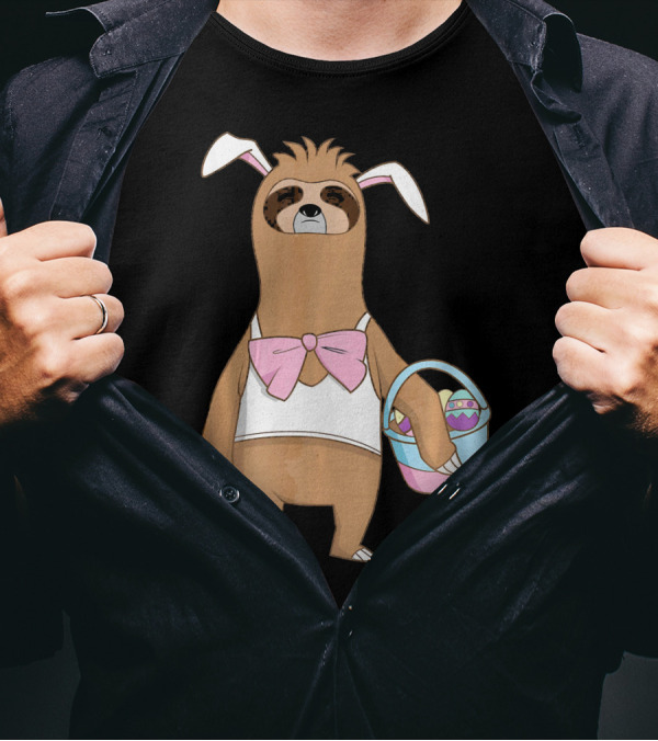 Sloth Easter Bunny Lazy Rabbit With Basket Of Eggs T-Shirt