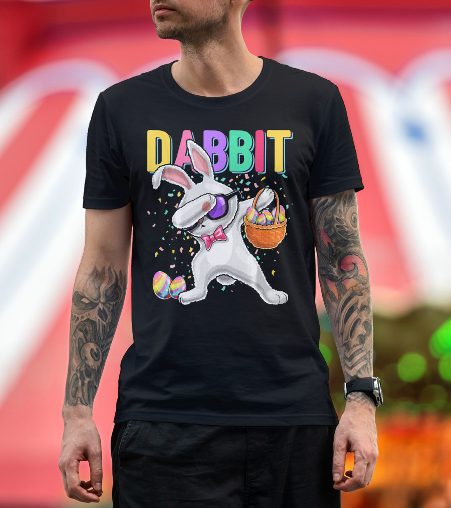 Dabbit Dabbing Easter Bunny with Eggs Basket and Confetti T-Shirt