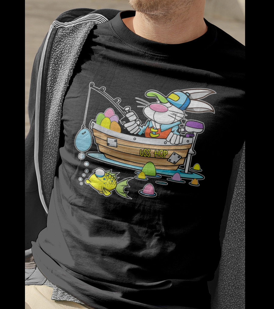 Fun Easter Bunny Fishing USS Hop With Eggs And Colorful Fish T-Shirt