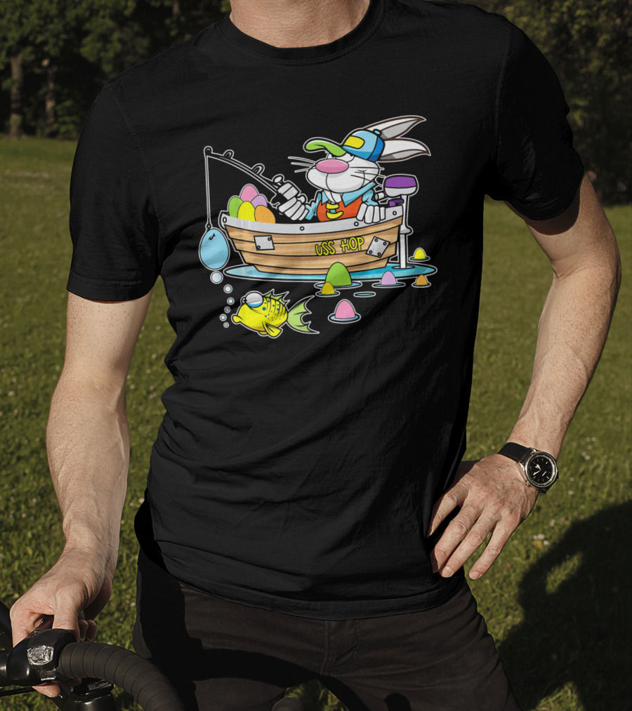 Fun Easter Bunny Fishing USS Hop With Eggs And Colorful Fish T-Shirt