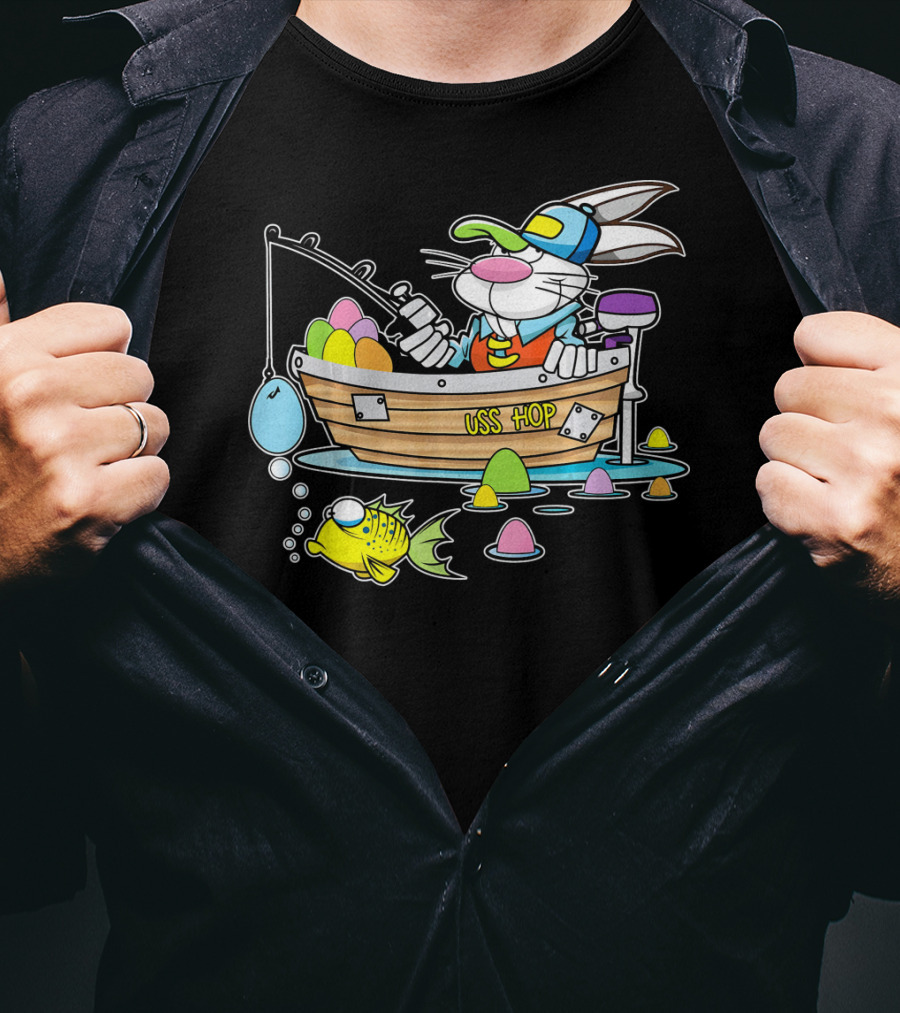 Fun Easter Bunny Fishing USS Hop With Eggs And Colorful Fish T-Shirt