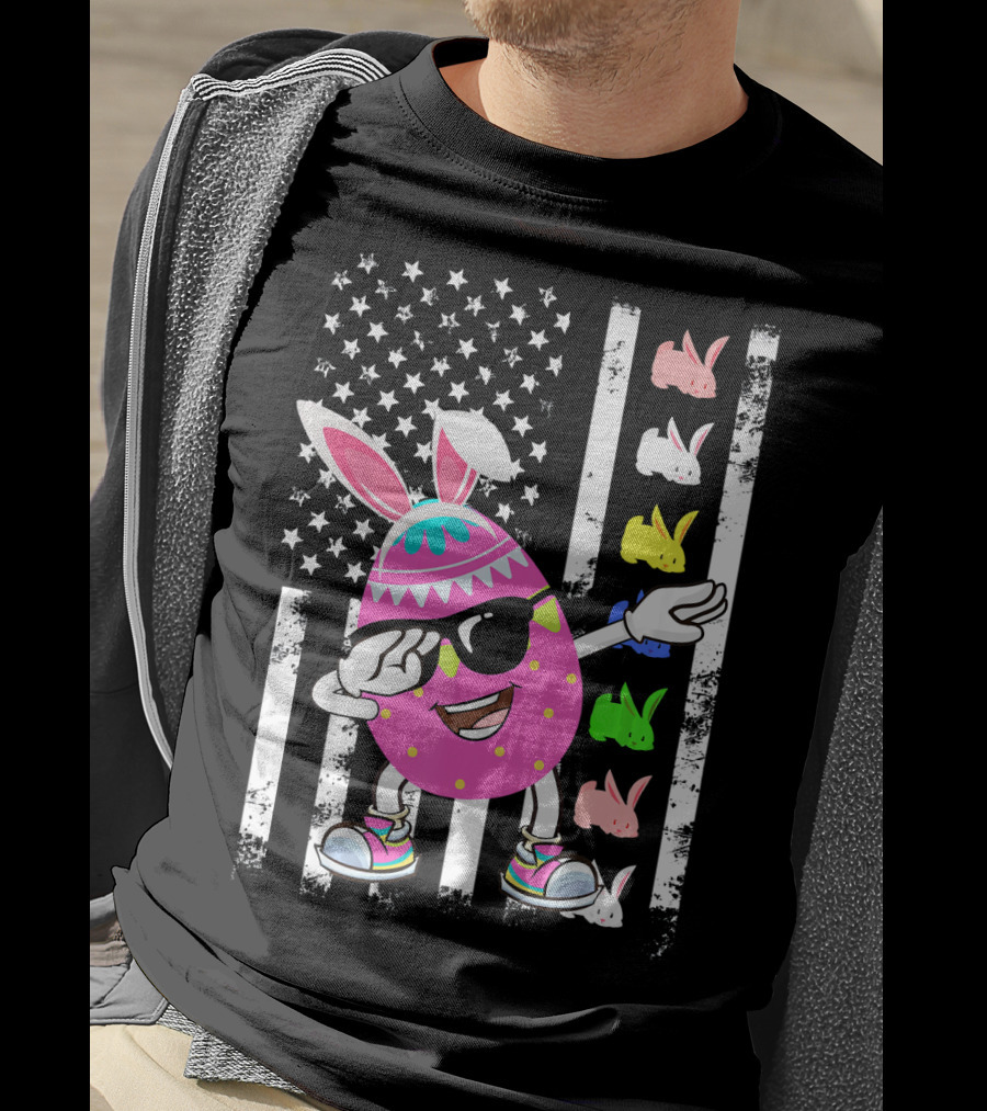Dabbing Easter Egg Rabbit With American Flag And Bunny Icons T-Shirt