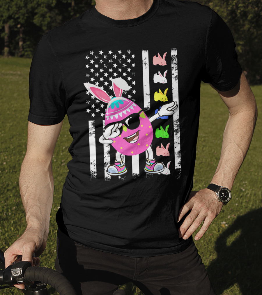 Dabbing Easter Egg Rabbit With American Flag And Bunny Icons T-Shirt