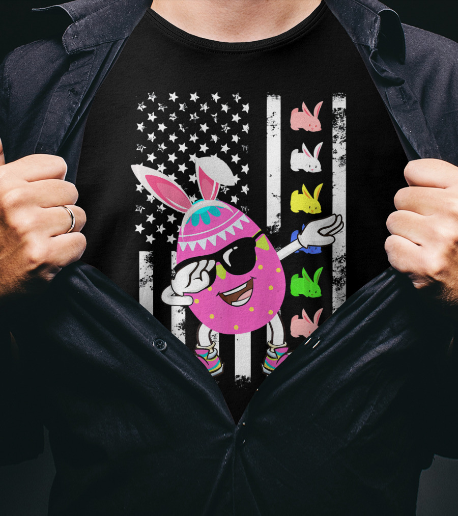 Dabbing Easter Egg Rabbit With American Flag And Bunny Icons T-Shirt
