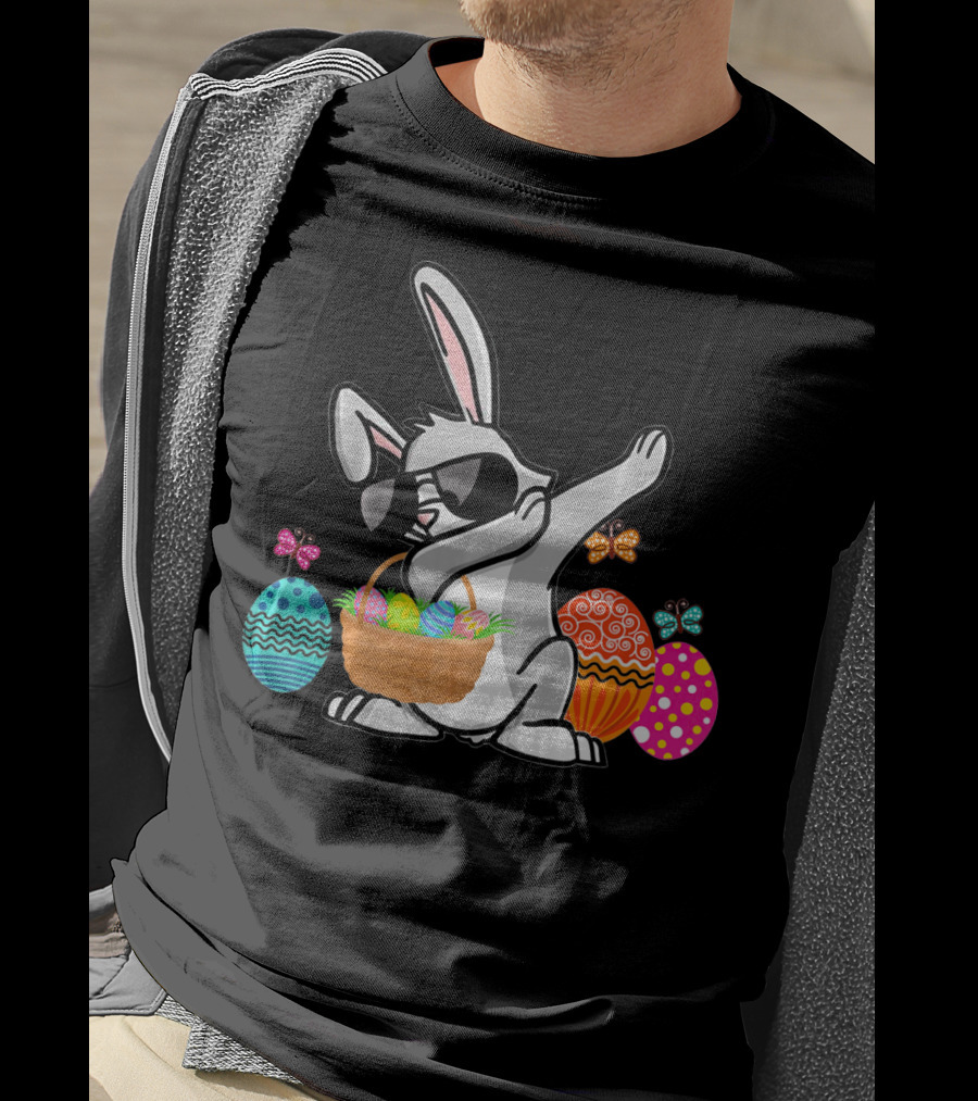 Dabbing Easter Bunny With Sunglasses And Basket Among Colorful Easter Eggs T-Shirt