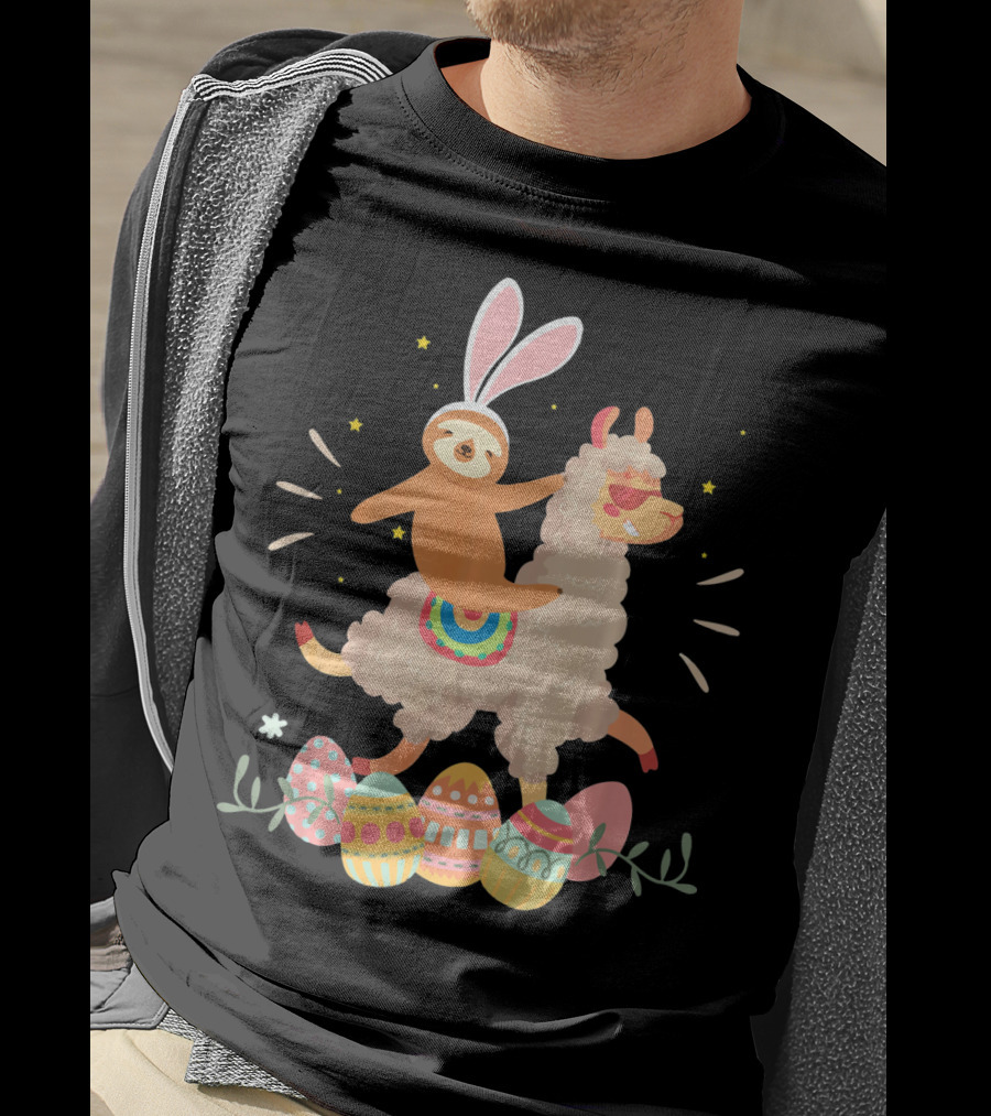 Cute Bunny Sloth Riding Llama Easter Eggs T-Shirt