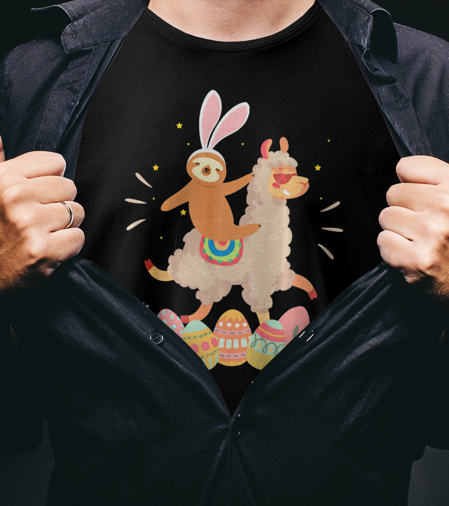 Cute Bunny Sloth Riding Llama Easter Eggs T-Shirt