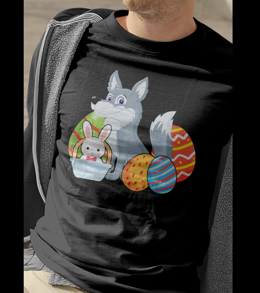 Easter Wolf Happy Bunny With Colorful Eggs T-Shirt