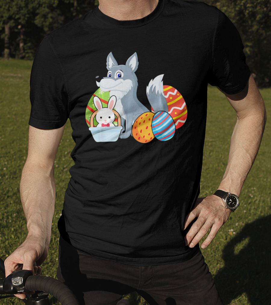 Easter Wolf Happy Bunny With Colorful Eggs T-Shirt
