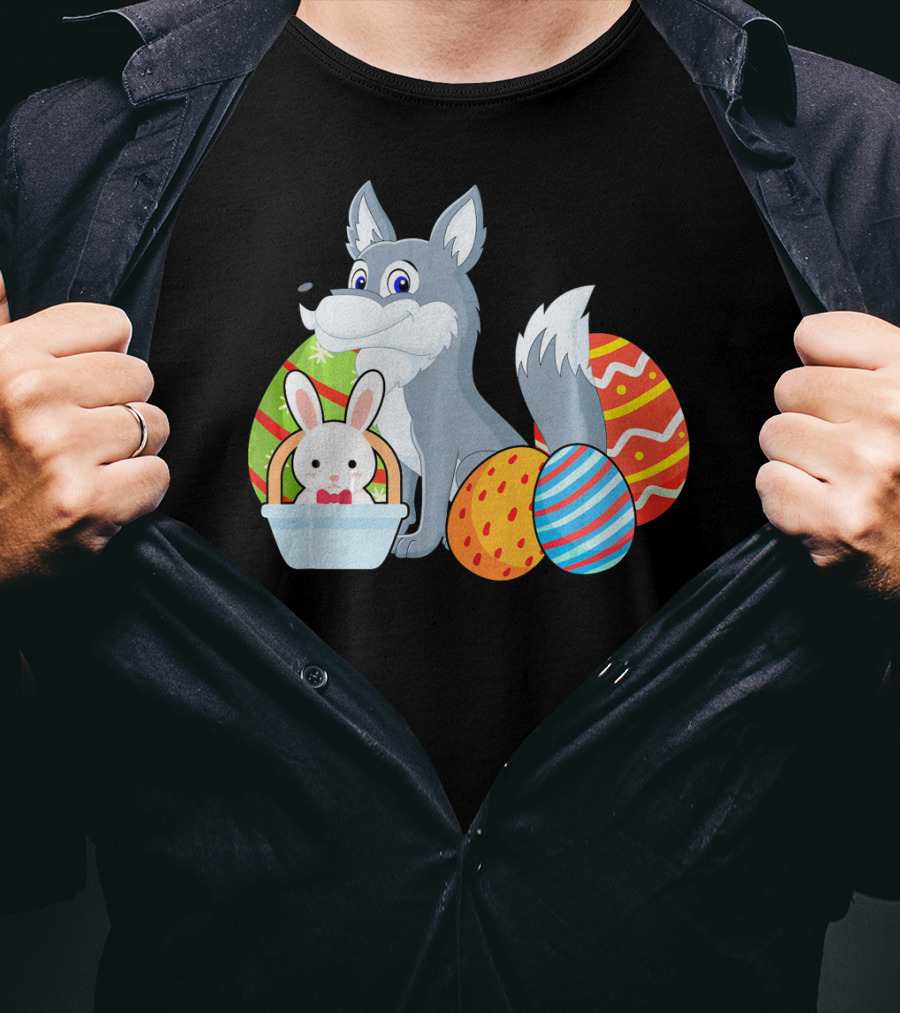 Easter Wolf Happy Bunny With Colorful Eggs T-Shirt