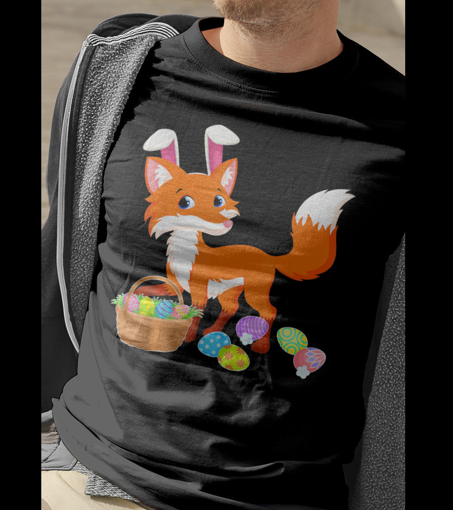 Happy Fox Easter Bunny Ears With Colorful Eggs Basket T-Shirt