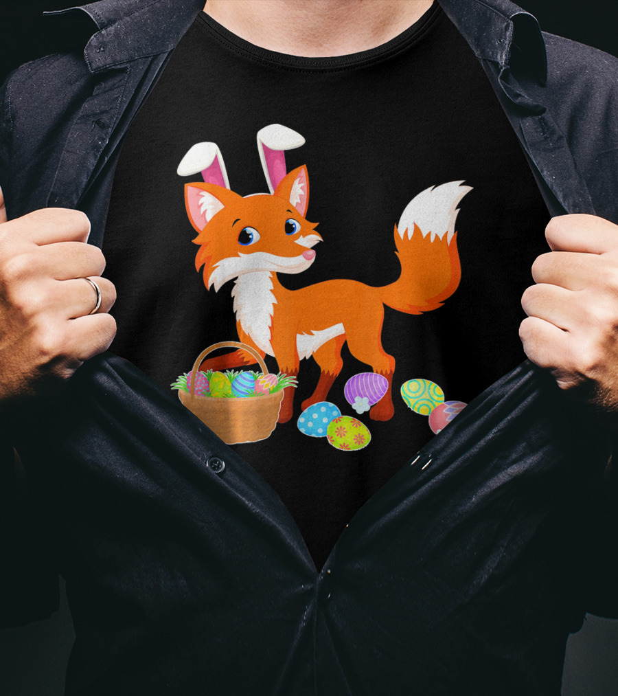 Happy Fox Easter Bunny Ears With Colorful Eggs Basket T-Shirt