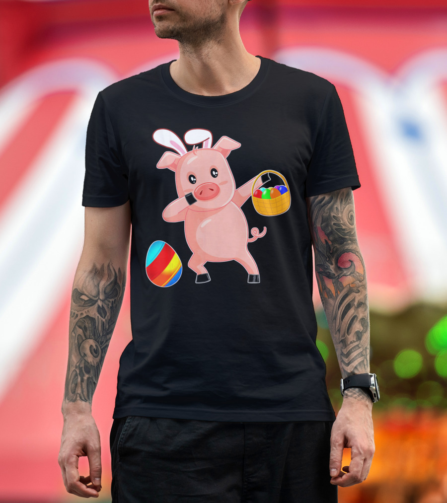 Easter Bunny Dabbing Pig with Colorful Egg Basket T-Shirt