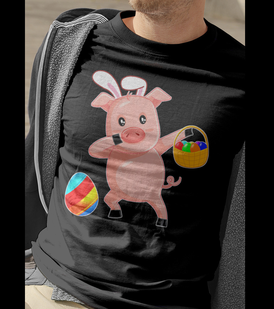 Easter Bunny Dabbing Pig With Colorful Egg Basket T-Shirt